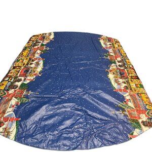 Vintage Christmas Village Round Tablecloth Plastic 60x56 Oval Snow Scene